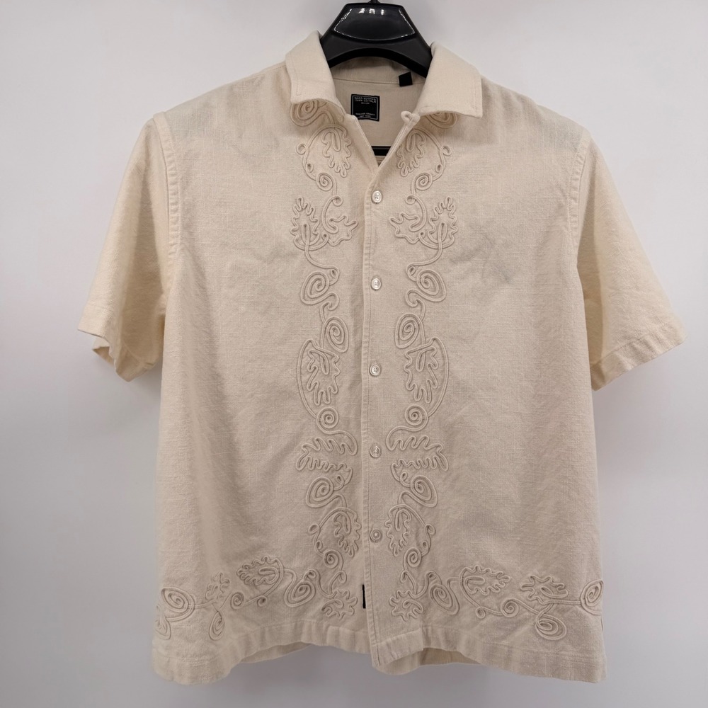Todd Snyder Shirt Mens L Cream Embroidered Camp Cotton 25-SH8310294-806 Stain